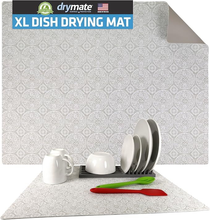 Drymate Jumbo XL Dish Drying Mat (19”x24”), Low-Profile, Super Absorbent, Quick Dry Fabric, Waterproof & Slip-Resistant, for Kitchen Counter, Trimmable, Easy to Clean (USA Made)(Tan)