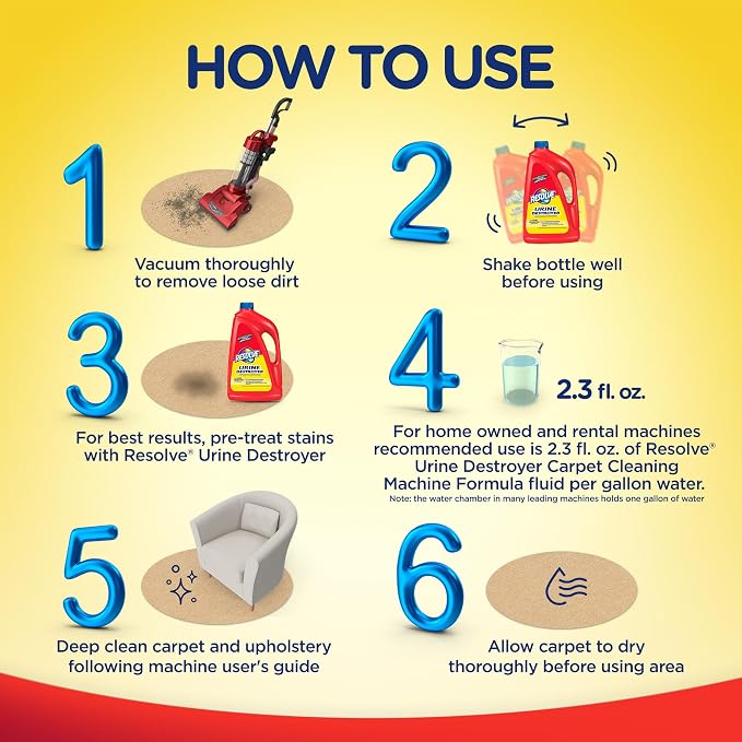 Resolve Urine Destroyer Steam Carpet Cleaner Solution – Concentrated Formula Urine Eliminator for Pet Stains & Odors,Safe for Bissell,Hoover & Rug Doctor,60 fl oz,(Pack of 4)