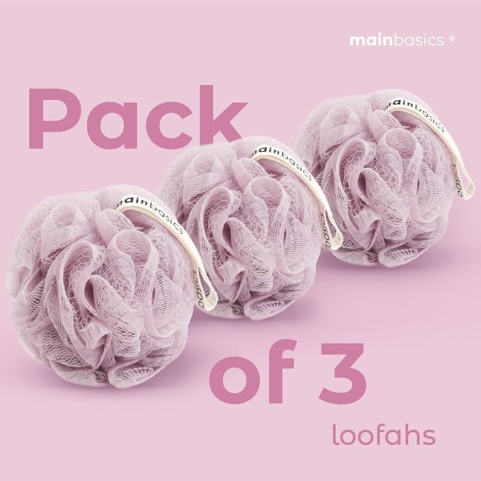 MainBasics Shower Loofah Sponge Pouf, Set of 3, Perfectly Pink | Soft Mesh Body Scrubber and Bath Sponge for Gentle Exfoliation, Rich Lather, and Everyday Shower Use