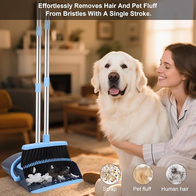 Broom and Dustpan Set 52-in Long Adjustable Handle Broom Dustpan Combo | Upright Dustpan with Teeth to Automatically Clean Hair, Suitable for Home Kitchen Office Hall Floor Garden Lobby (Blue)