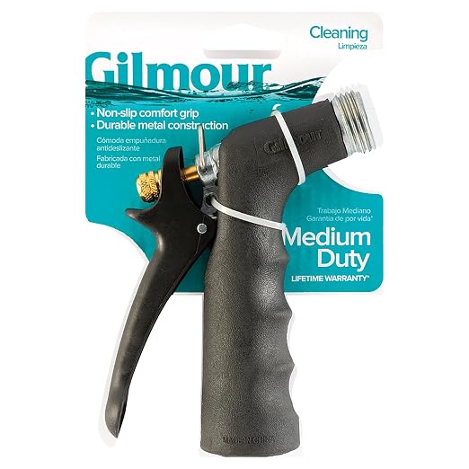 Gilmour Medium Duty Garden Hose Nozzle with Over Mold Grip, Hot Water Hose Nozzle for Watering and Cleaning | Hot Water Use, Concentrated Stream, Ergonomic Grip, Threaded Tip, Multi Use for Washing and Cleaning