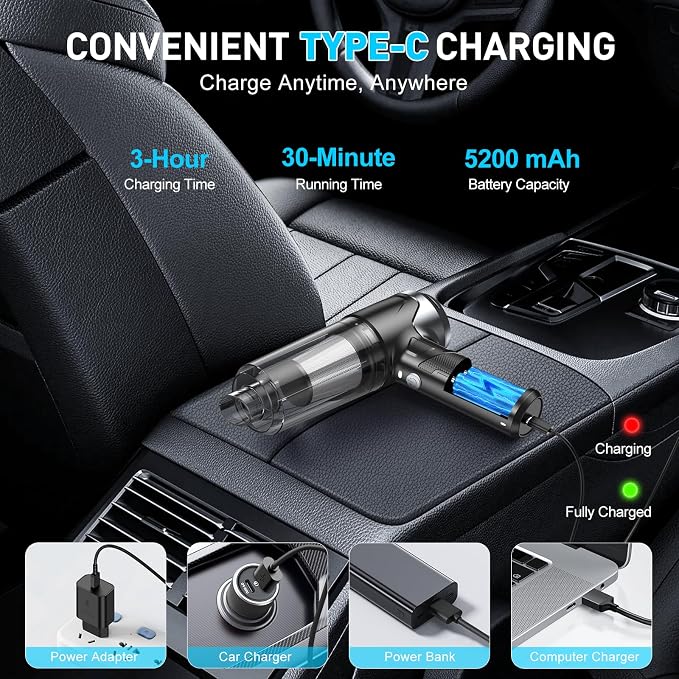 KMM Handheld Car Vacuum Cleaner, 10000PA Hand Held Vacuum & Air Duster | 120W High Power, Portable Cordless, Rechargeable with Multi-Nozzles & LED Light for Home, Car, Office