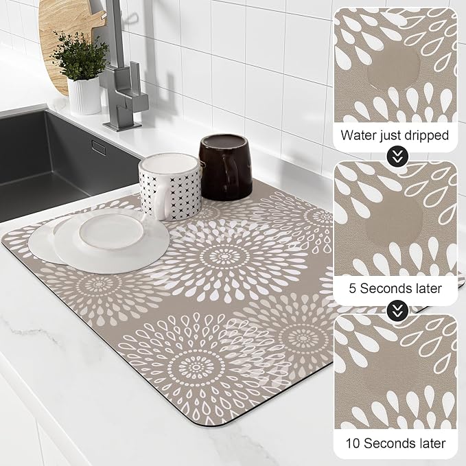 LuxStep Dish Drying Mat Super Absorbent Kitchen Counter Mat Rubber Backing Draining Mat Easy to Clean Kitchen Accessories Dish Rack Pad for Dishes, Utensils, Countertops, Sinks 15" x 18" Khaki