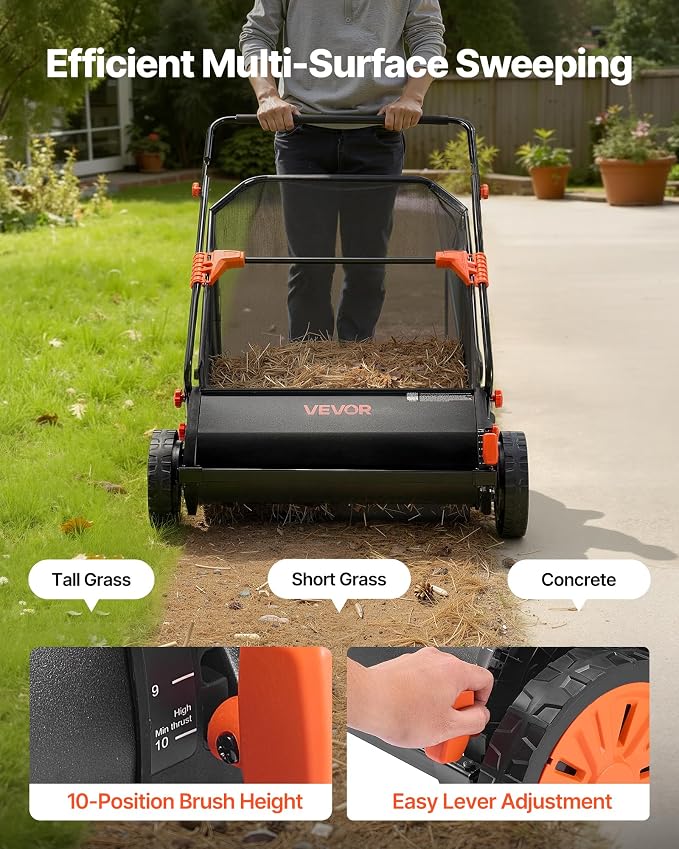 VEVOR Push Lawn Sweeper 30 in Leaf & Grass Collector 12 cu. ft. Hopper Bag | Heavy Duty Yard Sweeper with Adjustable Brush Height, Spinning Brushes, Rubber Wheels for Leaves Grass Cleanup, Black/Orange