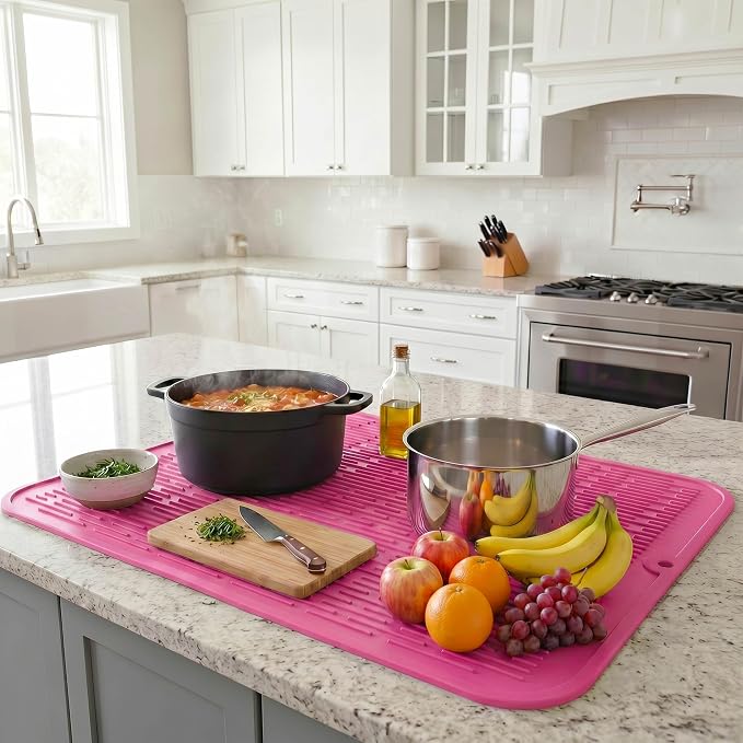 MicoYang Silicone Dish Drying Mat for Multiple Usage,Easy clean,Eco-friendly,Heat-resistant Silicone Mat for Kitchen Counter or Sink,Refrigerator or Drawer Liner Rose 2XL 24 inches x 18 inches