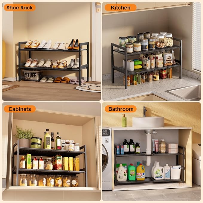Under Sink Organizer and Storage 16.5"-30.7" Expandable Length, Adjustable Height Max 16.7" Under Sink Shelf 2 Tier with Removable ABS Panels Metal Frame for Bathroom Kitchen Pantry Cabitnet Pot Pan