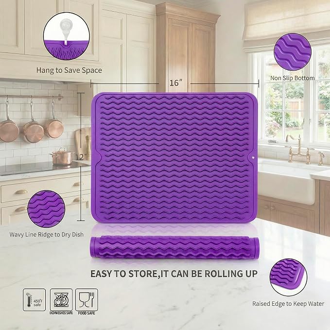 MicoYang Silicone Dish Drying Mat — Quick-Dry Ridges Counter & Sink Pad, Heat-Resistant Trivet to 450°F, Non-Slip & Dishwasher Safe, Roll-Up Storage, 18 Colors & 9 Sizes (Purple, 16"×12")