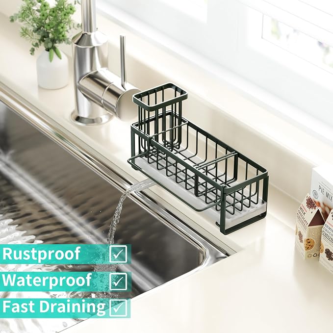 HapiRm Sponge Holder for Kitchen Sink - Self-draining Sink Caddy with Brush and Dishcloth Holders, Stainless Steel Kitchen Organizer for Countertop - Green