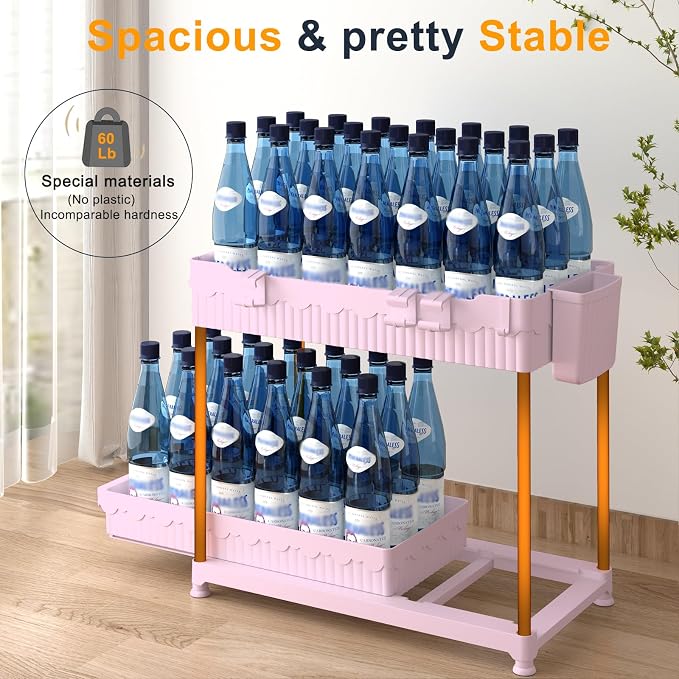 Sevenblue 3-Pack 2-Tier Under Sink Organizers with Sliding Drawers | Multi-use kitchen & bathroom storage, 12.8 inch pink cabinet organizer, space-saving sliding drawer design.