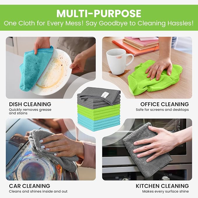 34 Pack Microfiber Cleaning Cloth, 3 Assorted Colors Cleaning Rags for Housekeeping, Colorful Reusable Microfiber Towels for Car, Kitchen, Bathroom and Household Cleaning Supplies, 11.8"X11.8"