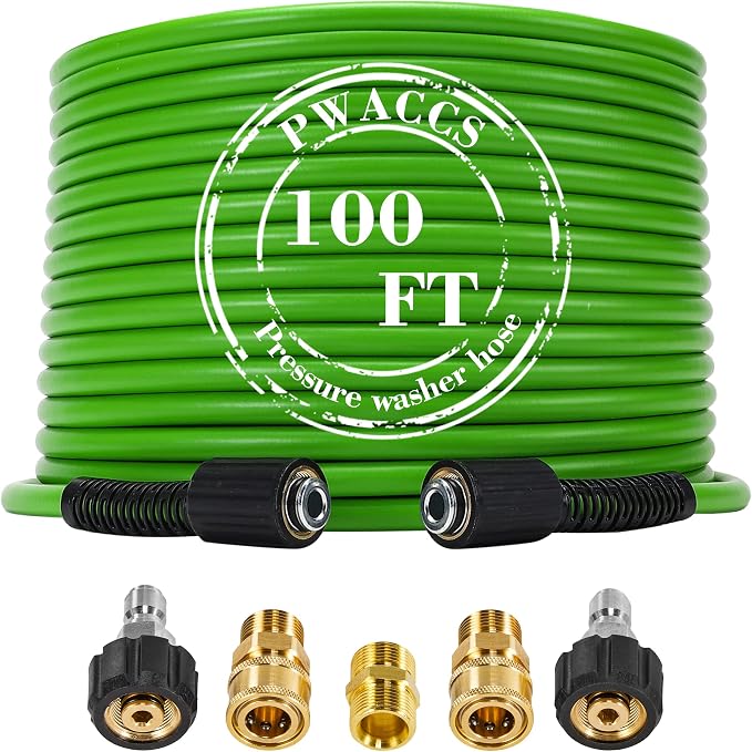 PWACCS Pressure Washer Hose, 100 FT x 1/4", M22 Fittings | 3600 PSI, Kink Resistant, Power Washer Kink Resistant Pressure Washing Extension Hose, Universal Electric Replacement Hoses