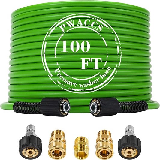 PWACCS Pressure Washer Hose, 100 FT x 1/4", M22 Fittings | 3600 PSI, Kink Resistant, Power Washer Kink Resistant Pressure Washing Extension Hose, Universal Electric Replacement Hoses