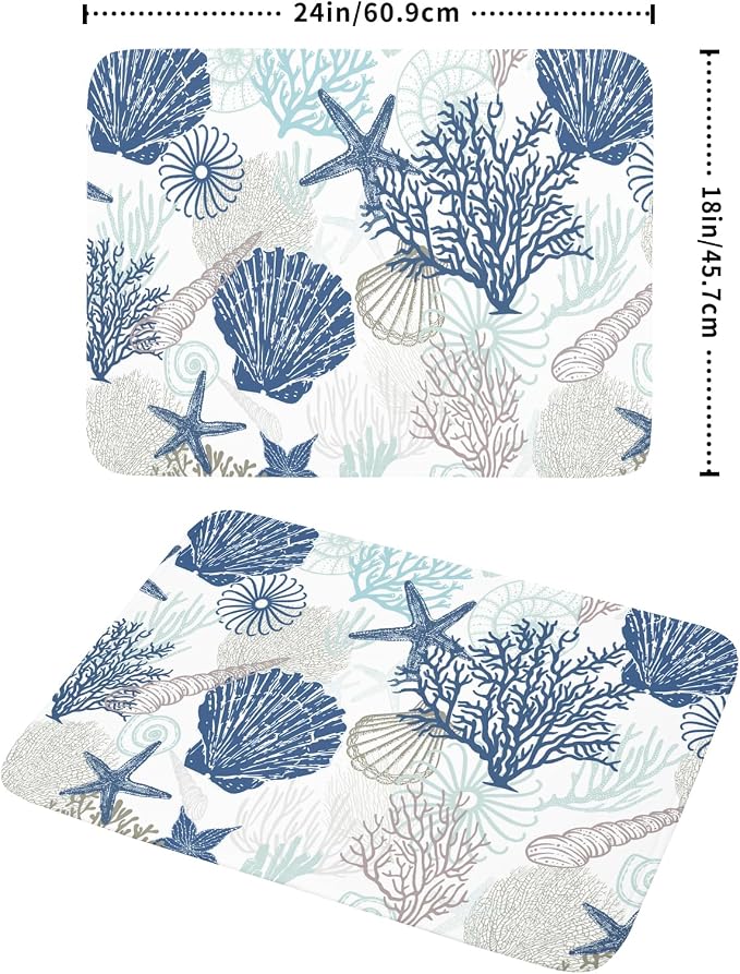 Summer Navy Blue Coral Beach Starfish Dish Drying Mat 18×24 Inch | Polyester，Absorbent Microfiber，for Kitchen Coffee Dining Bar Decor