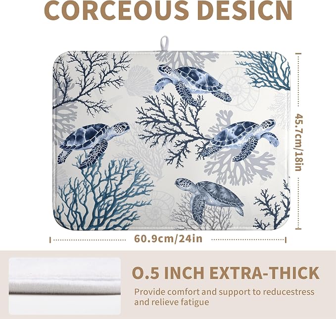 Summer Nautical Coastal Dish Drying Mat for Kitchen Counter Ocean Coral Sea Turtle Drying Rack Mats Beach Blue Dishes Drainer Mat Absorbent Microfiber Large Dish Draining Pad 18x24 Inch