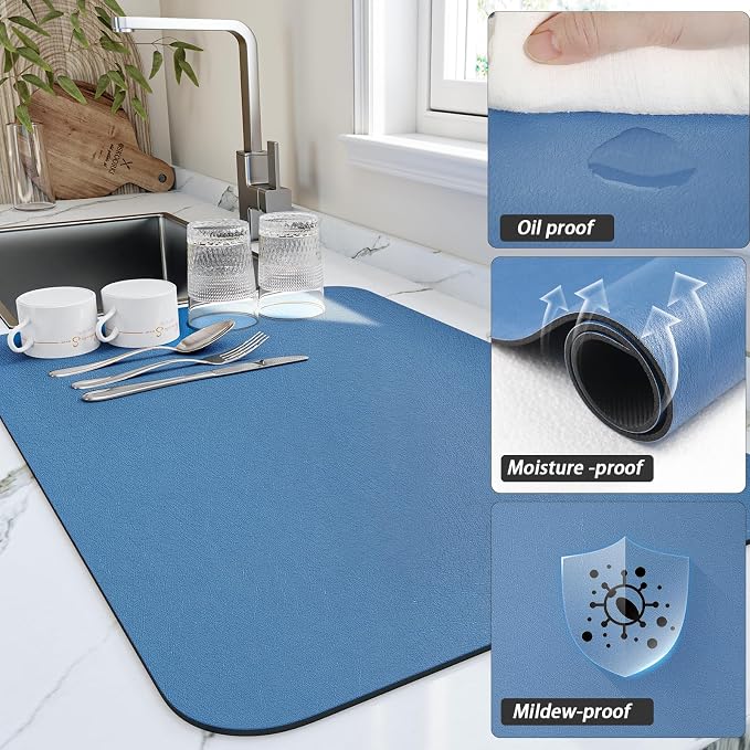 HotLive Dish Drying Mat for Kitchen Counter, Heat Resistant Drainer Mats with Non-slip Rubber Backed, Hide Stain Kitchen Super Absorbent Draining Mat, Easy to Clean Dish Rack Pad, Blue 16"x18"