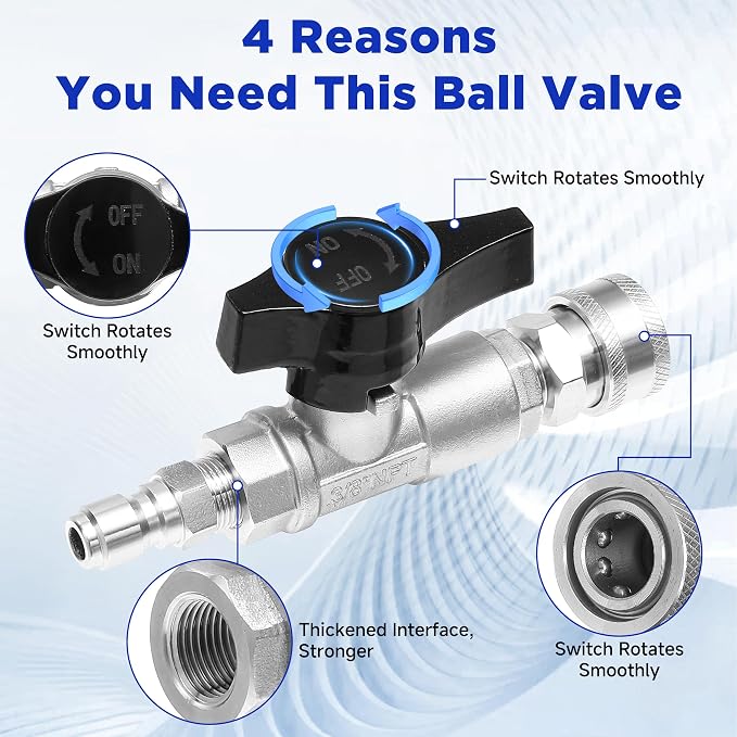 PWACCS Ball Valve Pressure Washer, 3/8" Quick Connect Shut Off Valve | Stainless Steel, for Power Washer Hose, DN10 Shutoff Ball Valve, High Pressure Wash, 5000 PSI