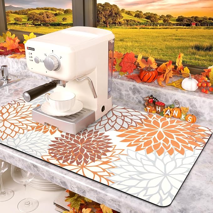 Findosom 2PCS 12" x 20" Fall Dish Drying Mat & 24" x 5.5" Sink Splash Guard, Super Absorbent & Cuttable Dish Mat Drying Kitchen Mat with Orange Floral, Hide Stain Drying Mat for Kitchen Counter