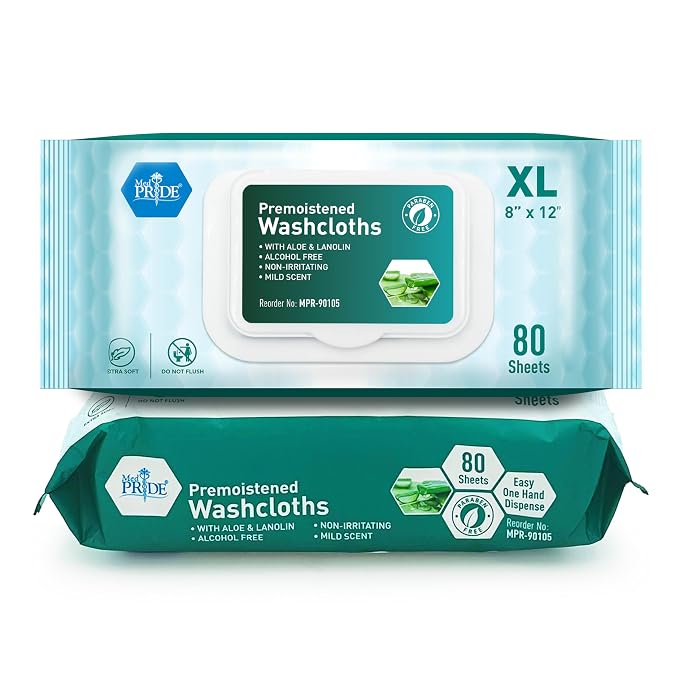 MED PRIDE XL Premoistened Adult Washcloths 8x12 in,Sensitive Skin,80 Count