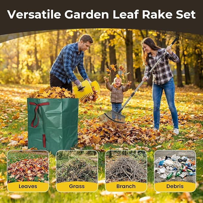 Rake for Leaves - 25 Tines Heavy Duty Metal Rake Set with Leaf Scoops & 53 Gallon Bag, Adjustable 67.5" Garden Rake, 3-in-1 Tool for Yard Pine Needle Grass Cleanup