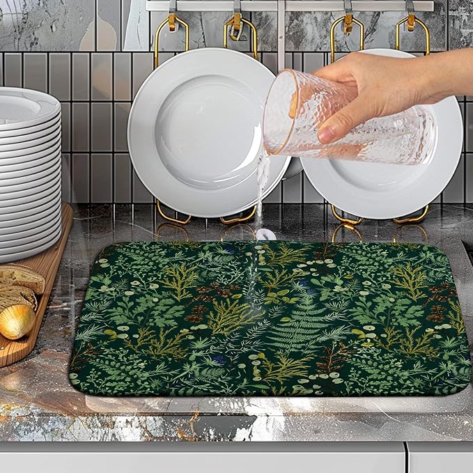 Dark Green Plant Dish Drying Mat for Kitchen Counter Vintage Botanical Floral Leaf Dishes Drying Mat Absorbent Microfiber Dish Draining Pad Washable Dish Drainer Rack Mats 16x18 Inch