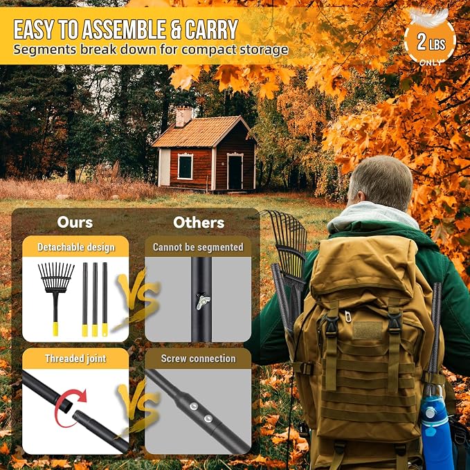 Leaf Rake, Small Rake for Leaves with 30"-60" Adjustable Long Handle, 11 Tines 8.5" Wide, Metal Rakes Heavy Duty for Lawns, Gardening, Yard, Camping, Shrub, Grass, Bush, Weed, Debris