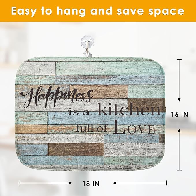 Sanwarm Absorbent Dish Drying Mat, Happiness Is A Kitchen Full of Love Microfiber Pad for Kitchen Counter, Coffee Bar Decor, Heat Resistant and Reversible, 16" x 18"