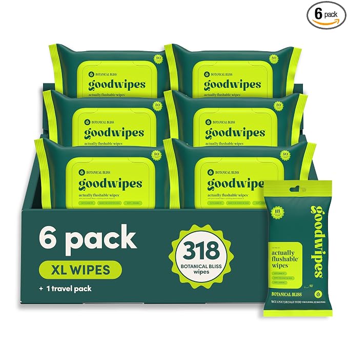 goodwipes Flushable Wipes for Adults - Botanical Bliss Butt Wipes for Women & Men, Septic Safe, Toilet & Bathroom Essentials, Extra Large, 318 Count (6 Packs and 1 Travel Pack)