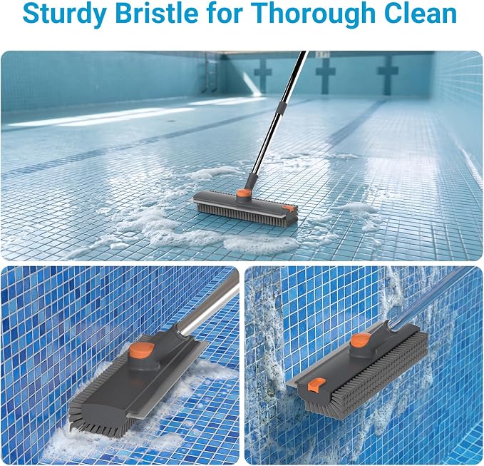 Pool Scrub Brush with 52" Pole, 3 in 1 Pool Cleaning Brush with Squeegee, Floor Scrub Brush with Long Handle, Deck Brush for Swimming Pool Tile Wall Patio Concrete Gray
