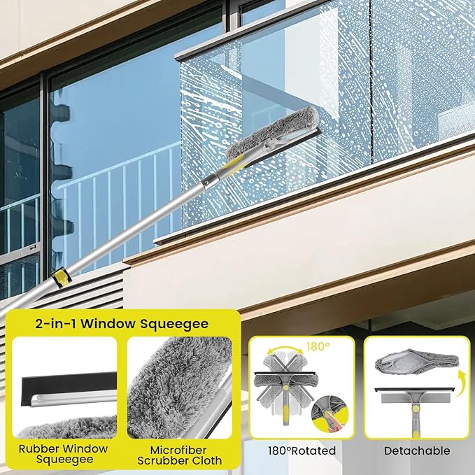 Window Squeegee with Extension Pole, 20FT Reach Squeegee for Window Cleaning, 2-in-1 Windows Washer, 180°Rotated Windows Cleaner Squeegees, Washable Window Squeegees for Home, Mirror, Car