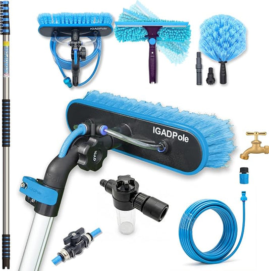 IGADPole 24 FT Water-Fed Washing Kit with Soap-Dispenser, Brush, 10″ Squeegee & Cobweb Duster for Windows, Gutters, Solar Panels & Exterior Walls
