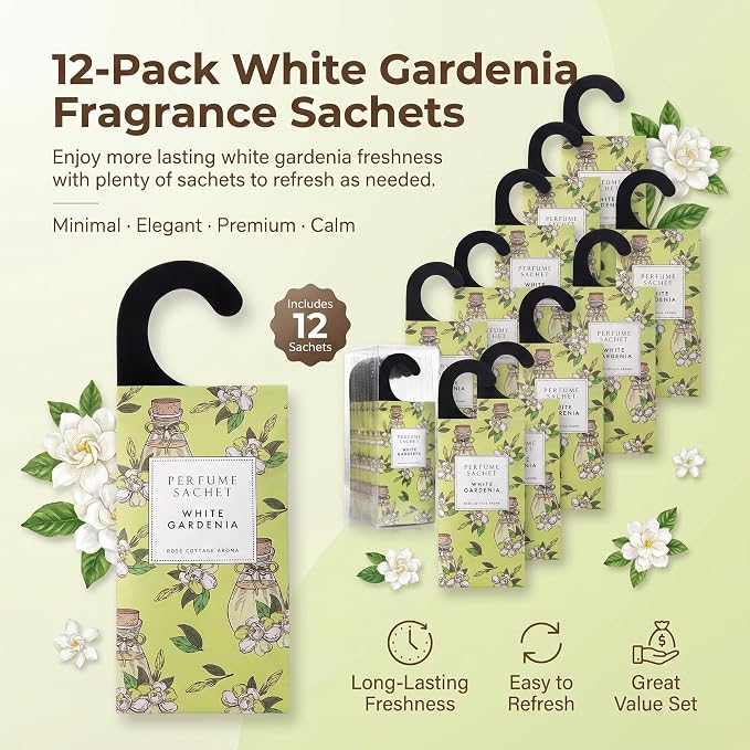 Large 12 Packs White Gardenia Hanging Scented Sachets Long-Lasting Closet Deodorizer Air Freshener Fabric Refresher Odor Eliminator for Drawer Home Fragrance Gift Set