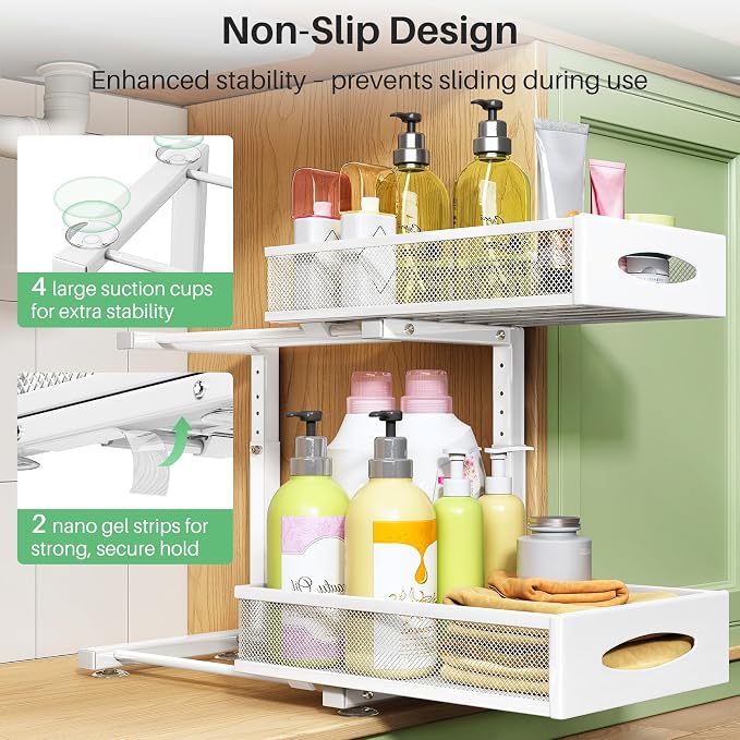 Under Sink Organizer, 2 Pack 2 Tier Pull out Cabinet Organizer Baskets with Mesh Sliding Drawers, Slide out Sink Storage Shelves for Kitchen, Bathroom, Pantry, Cabinet Organizers and Storage(White)