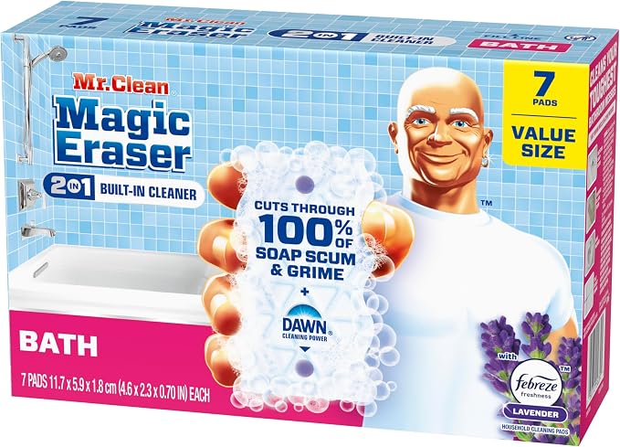 Mr. Clean Magic Eraser Sponge, Bathroom, Shower & Tub Cleaner, Soap Scum Remover, Bathroom Cleaning Supplies, Dawn Cleaning Power with Febreze Lavender Scent, 2 in 1 Bath, 7ct (Pack of 4)