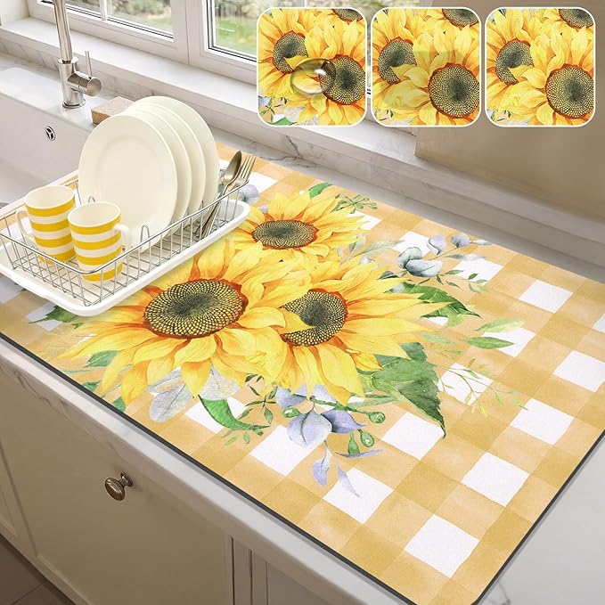 LOKHOM Dish Drying Mat for Kitchen Counter, 17"x32" Absorbent Coffee Bar Mat with Sunflowers, Vintage Floral Dish Drainer Rack Mat for Decoration