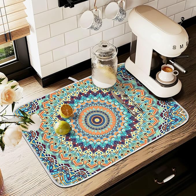 Bohemian Mandala Dish Drying Mat for Kitchen Counter Absorbent Microfiber Small Boho Ethnic Drying Pad Dish Mats for Kitchen Countertops 16 x 18 Inch