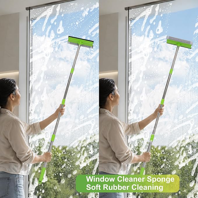2 in 1 Window Squeegee with 55" Long Stainless Steel Handle,Sponge Car Squeegee for Home,Gas Station,Glass,Shower,Outdoor High Window Cleaning