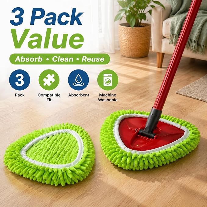 3 Pack Chenille Microfiber Mop Head Covers Compatible with O-Cedar Triangle Mops, Reusable Washable Mop Pad Refills, Replacement for Hardwood, Tile, Laminate & Vinyl Floors