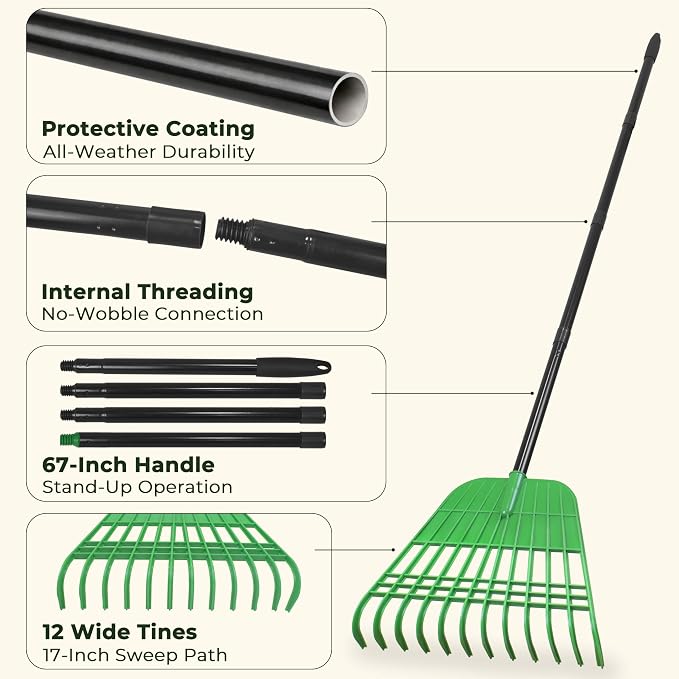 Gardzen 67 Inch Leaf Rake Set for Leaves and Lawn Cleanup | 12 Tines, 17-inch Plastic Rake Head, 50–67 Inch Adjustable Metal Handle, Includes Leaf Bag and Gloves