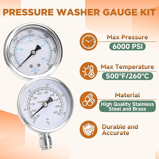 RIDGE WASHER 2-in-1 Pressure Washer Gauge Emperature Gauges, 6000 PSI | Stainless Steel, 3/8 Inch Quick Connect