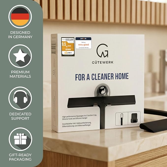 GÜTEWERK Silicone Shower Squeegee for Glass Doors & Mirrors with Stainless Steel Core, Streak-Free & No-Squeak Window Cleaning, 3-in-1 No-Drill Mount (Hook/Suction/Adhesive),Black, 15 Inches