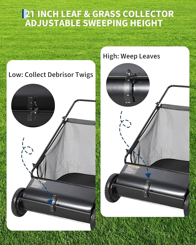 Garvee 21 Inch Push Lawn Sweeper, 3.5 Cu. Ft. Hopper Capacity Grass Sweeper, Manual Push Yard Sweeper with Height Adjustment & 4 Fast Spinning Brushes for Grass Clippings, Leaves & Debris, Black | Manual Push Yard Sweeper with Height Adjustment & 4 Fas...