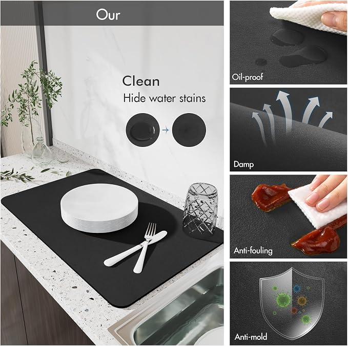 Drying Mat for Kitchen Countertops, Coffee Mat Hide Stain Rubber Backed Absorbent Dish Drying Mat