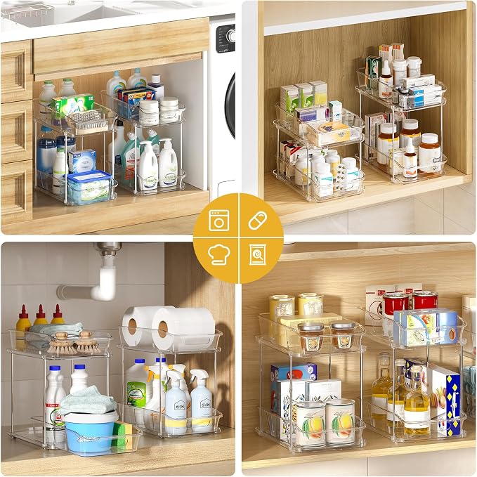 Delamu 2-Tier Under Sink Organizers and Storage, Multi-Purpose Stackable Bathroom Cabinet organizers, Pull Out Kitchen Pantry Organization and Storage with Dividers(2 Pack, Clear)