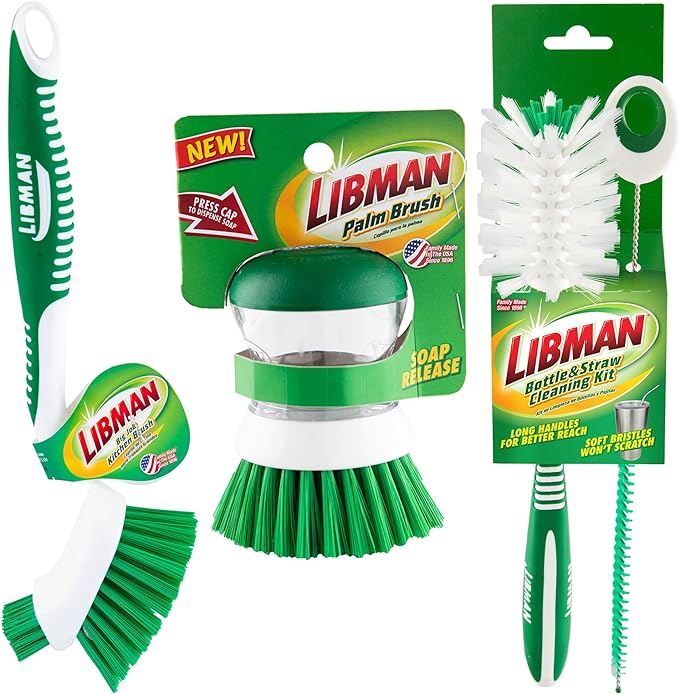Libman Bottle & Dish Brush Kit | Cleaning Brushes for Kitchen Use | Straw Brush | Scrub Brushes for Dishes | Big Job Kitchen Brush | Palm Scrub Brush | 3 Different Brushes & Straw Cleaner Included