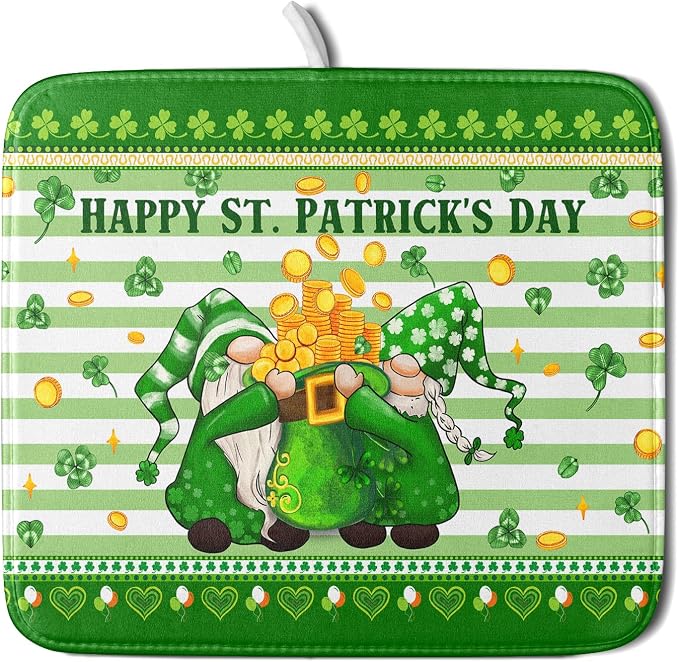 Shamrock Gnome Dish Drying Mat Coin Clover Dishes Fast Dry Mat 16x18 inch Absorbent Microfiber Dishware Drainer Pad for Kitchen Counter Sink