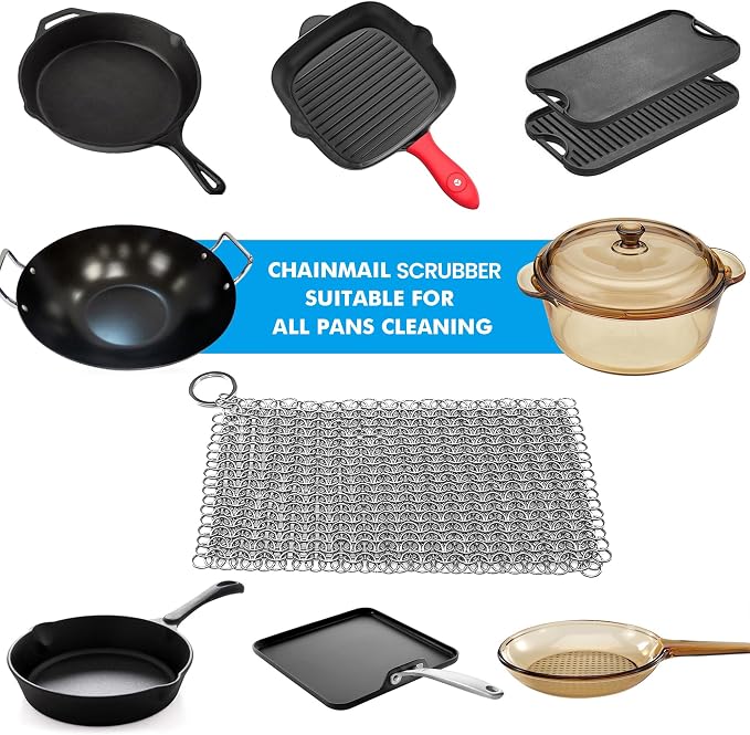 TOPULORS Cast Iron Chainmail Scrubber, 316L Stainless Steel Cleaner 8x6 in | Effectively Removes Residue Without Damaging Cast Iron Seasoning, Suitable For Skillets, Griddles, Grills, And Cookware