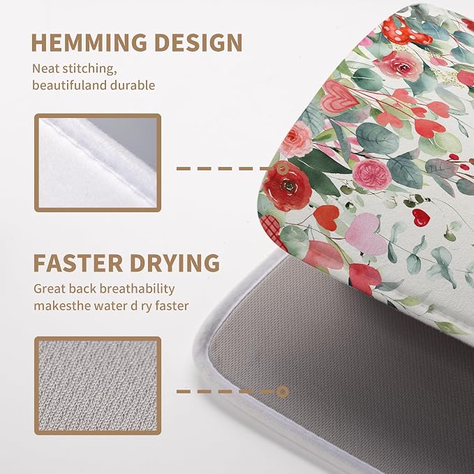 Valentines Day Love Heart Rose Eucalyptus Leaves Dish Drying Mat for Kitchen Counter 18x24 Inch Spring Valentine Microfiber Absorbent Dish Drainer Mats Reversible Drying Pad