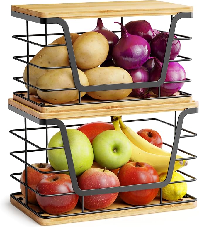 ALOCEO 2 Pack Large Garbage Bag Dispenser for 13/30/33 Gallon Bags, Potato and Onion Storage Baskets with Bamboo Lid, Stainless Steel Stackable Storage Bins for Kitchen Laundry Pantry Room