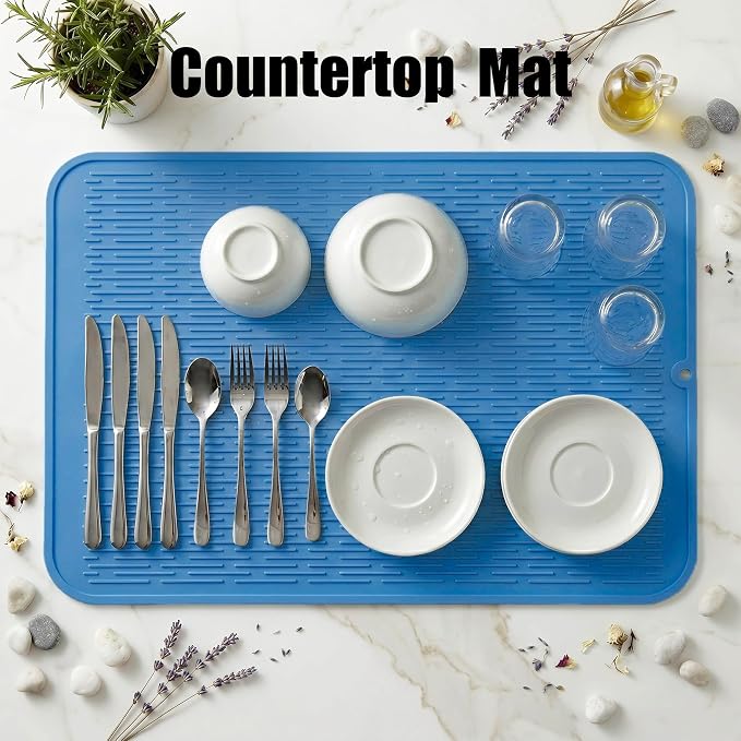 MicoYang Silicone Dish Drying Mat for Multiple Usage,Easy clean,Eco-friendly,Heat-resistant Silicone Mat for Kitchen Counter or Sink,Refrigerator or Drawer Liner Lichen BlueL 4XL 32 inches x 18 inches