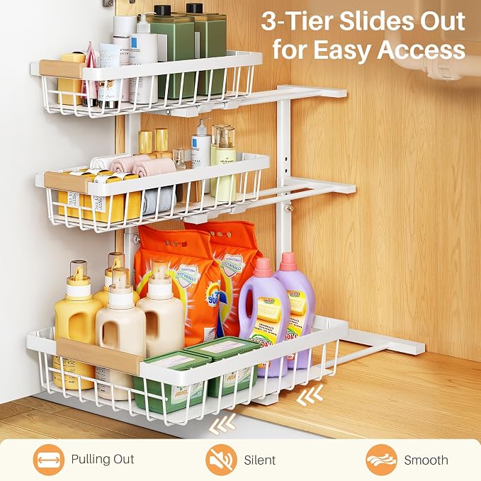 PXRACK Under Sink Organizer, 2-Pack 3-Tier Height Adjustable Thickened Metal Pull out Cabinet Organizer Shelf, Slide out Storage Drawer Rack for Bathroom Kitchen Pantry Home Organization, White